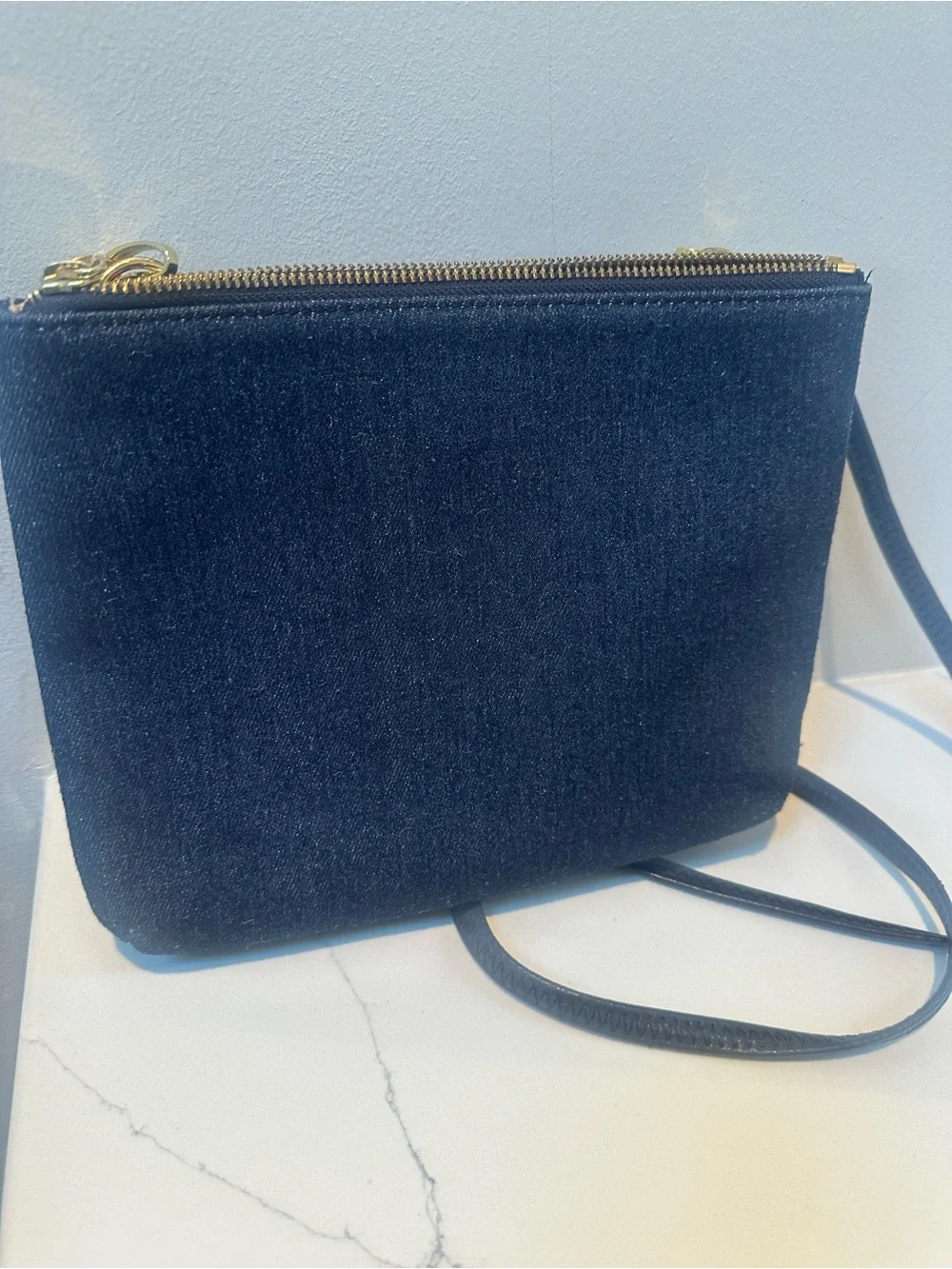 Talbots denim Crossbody Bag with Red Belt Accent